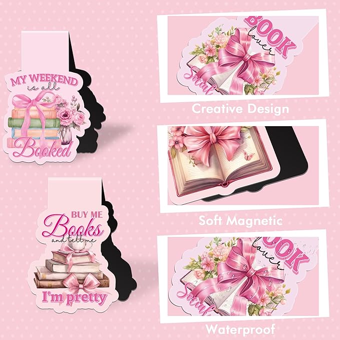 Pink Bow Magnetic Bookmarks: 8 Pcs Bowknot Magnet Book Page Markers, Cute Girly Bookmark Clips for Reading, Gifts for Women Students Teachers Book Lovers Office School Supplies