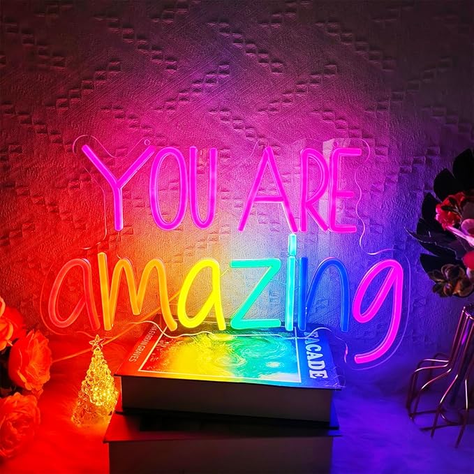 You Are Amazing Neon Sign Dimmable, USB You are Amazing LED Neon Light Sign for Wall Decor, Colorful LED Letter Light Up Sign for Living Room Bedroom Christmas Gift, 16.9" X 10.6"