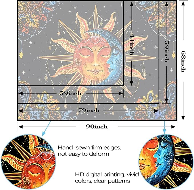 Lunerfex Sun and Moon Tapestry Mandala Wall Tapestry, Cute Tapestries for Bedroom Ceiling Tapestries Wall Hanging for Bedroom Living Room Wall Decor Sun-1 70"x90"