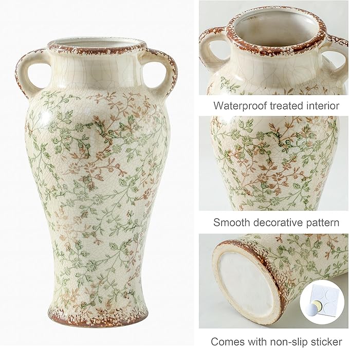 Enra Farmhouse Vintage vase with Handle,12.6 in Ceramic Chinoiserie Floral Vase,Green and Beige Decorative Flower vase,Large Rustic Vases for Home Decors, Living Room, Bookshelf, Office