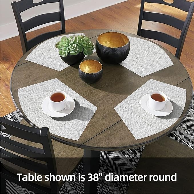 SHACOS Small Round Table Placemats Wedge Placemat Set of 4 Non Slip Heat Resistant Woven Vinyl Table Mats Wipe Clean Indoor Outdoor (4, Gray White)