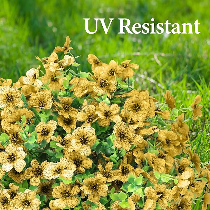 Artificial Flowers Outdoor Faux Plants UV Resistant 12 Bundles Fake Patio Flowers Plastic Greenery Plnats Outside Bulk for Spring Garden Hanging Planter Home Vase Decor, Yellow