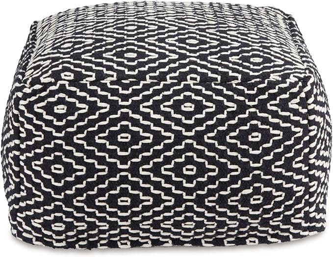 Signature Design by Ashley Jasett Casual Handwoven Geometric Pouf, Black & White