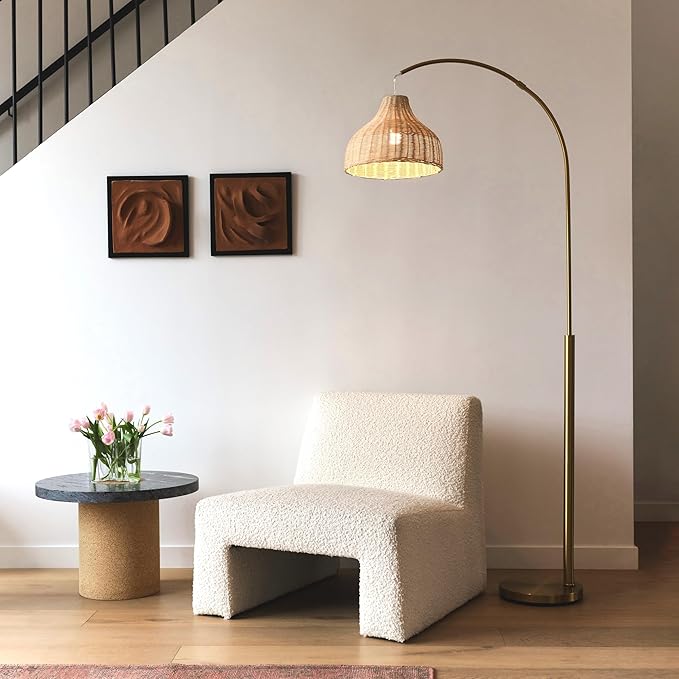 Brightech Lark Arc Lamp for Living Rooms & Offices, Floor Lamp with Unique Hanging Wicker Shade, Standing & Tall for Bedroom Reading, Matches Boho and Other Living Room Decor, Brass