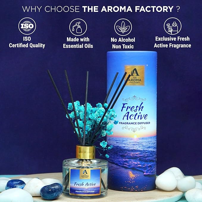 The Aroma Factory Fragrance Reed Diffuser Set with Natural Essential Oil, Aroma Sticks & Real Preserved Flowers | Luxury Home Decor Scent (Fresh Active, 1 Pack)