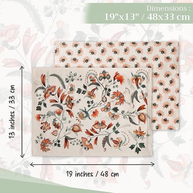 Maison d' Hermine Placemats Set of 4 100% Cotton Washable Cloth Place Mats, Reusable Table Mats for Kitchen Dining Decoration, Party, Wedding, Restaurant (Dalida, 13" x 19")
