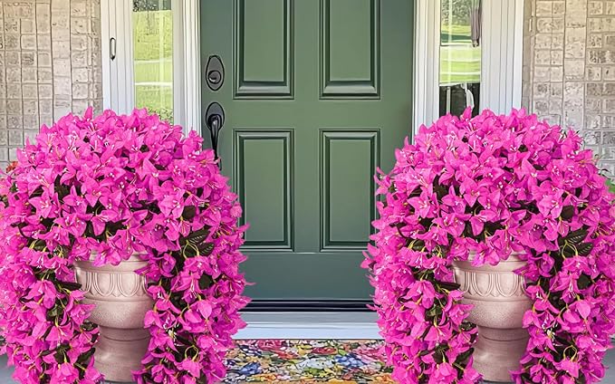 8Pcs UV Resistant Artificial Flowers for Outdoors, Realistic Faux Silk Bougainvillea Flowers, Fake Hanging Plants for Porch Patio Balcony Decoration (Purple)