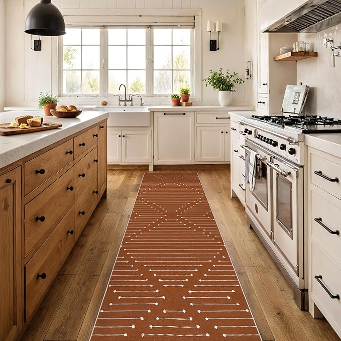 LIVEBOX Burnt Orange Runner Rug for Kitchen, 2'x8' Boho Washable Rug Runner for Hallway,Moroccan Cotton Long Entryway Area Rug Indoor Carpet for Bedroom Laundry Doorway Entry
