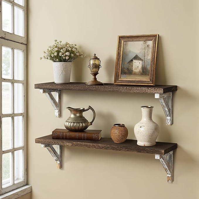 Gronda Floating Shelves for Wall 23 Inch Storage Shelf for Bathroom Kitchen Laundry Over Toilet Wooden Hanging Organizer Farmhouse Rustic Decor for Bedroom Living Room, Set of 2