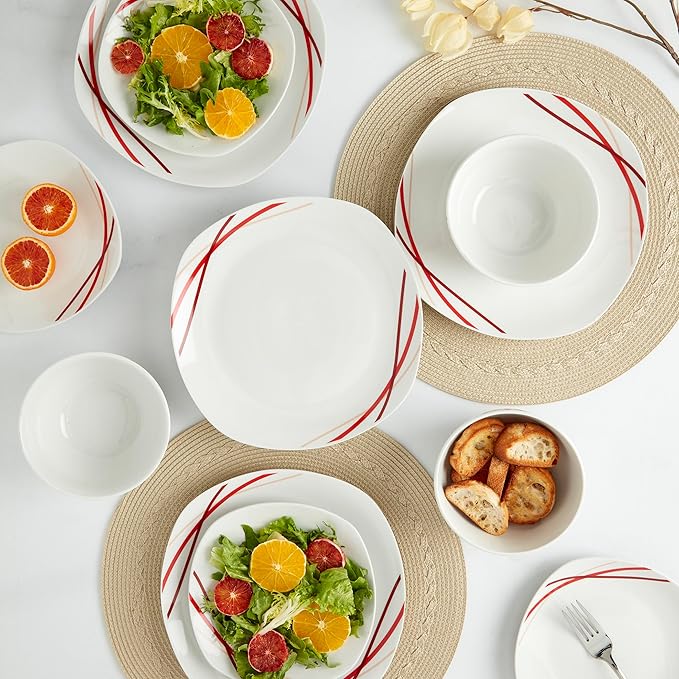 Tabletops Gallery 12-Piece White with Red Stripes Ceramic Dinnerware Set of Kitchen Dishes, Soft Square Dinner Salad Plates Cereal Bowls, Service for 4, Adrian