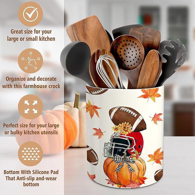 pinata Fall Football Kitchen Decor Ceramic Utensil Holder, Farmhouse Fall Football Pumpkin Utensils Holder, Ceramic Utensils Crock for Rustic Indoor Kitchen Decorations(6.3 Inches)