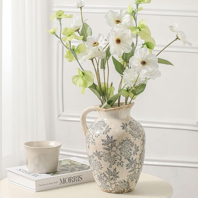 Enra Vintage vase with Handle,Blue and White Ceramic Decorative Flower vase, Chinoiserie Floral Vase,Large Rustic Vases for Home Decors, Living Room, Bookshelf, Office,9.7 inch