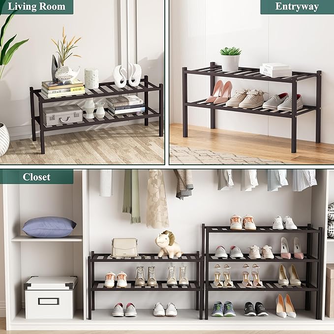 Smiry Shoe Rack, 2 Tier Bamboo Shoe Organizer, Stackable Free Standing Wooden Shoe Storage Shelf for Closet, Entryway, Front Door Entrance, Brown