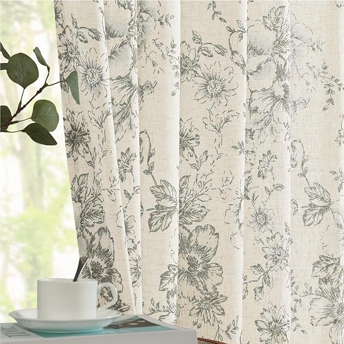 jinchan Lined Linen Blend Curtain Floral Curtains for Living Room 84 Inches Long Grey Peony Flower Printed Curtain Back Tab Farmhouse Patterned Drapes Bedroom Window Curtains Set 2 Panels