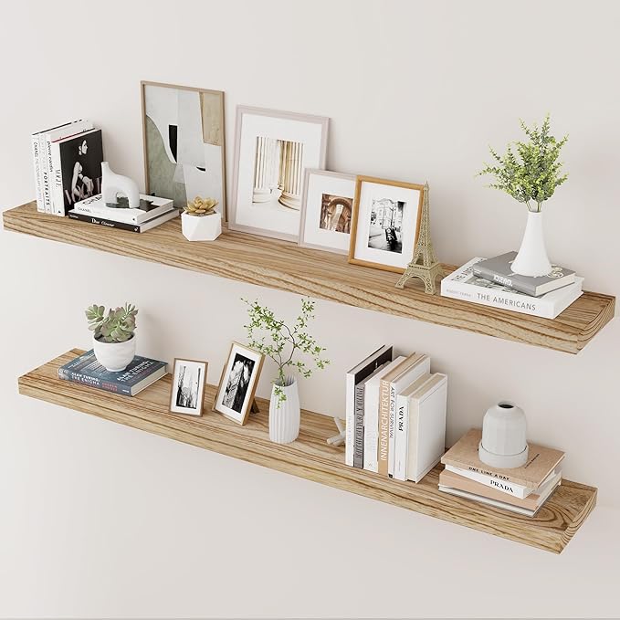 Wood Floating Shelves for Wall Set of 2, 48 Inch Wide Rustic Wooden Floating Shelves, Invisible Wall Mounted Display for Living Room Bedroom Kitchen Bathroom Office, Carbonized Black