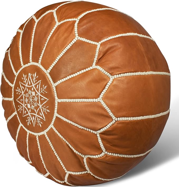 MARRAKESH STYLE Comfortable Leather Ottoman Pouf - Handmade Unstuffed Moroccan Pouf Cover - Round Pouf & Foot Rest Ottoman - Perfect for Living Rooms Bedrooms & Kids Room - Brown