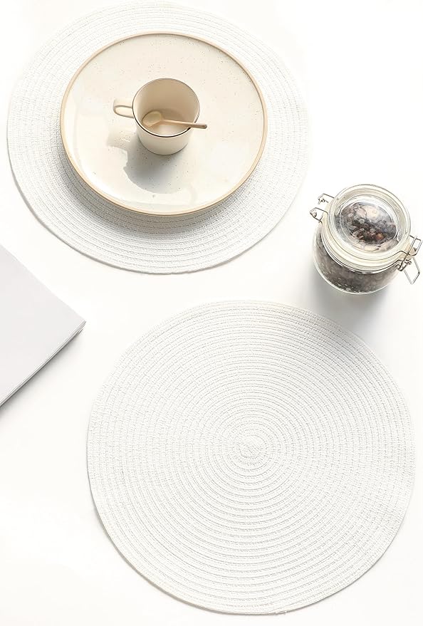 Floroom 15 Inch Round Braided Placemats Set of 6, Washable Heat Resistant Cotton Polyester Circle Place Mats for Kitchen Dining Table - White