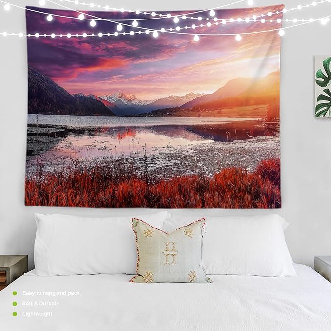 BaoNews Rose Madder Natural Redwood Trees Tapestry,Landscape Lake Large Wall Hanging Polyester Tablecloths Tapestry Bedroom Room Living Room Dorm 59.1 x 82.7 Inches