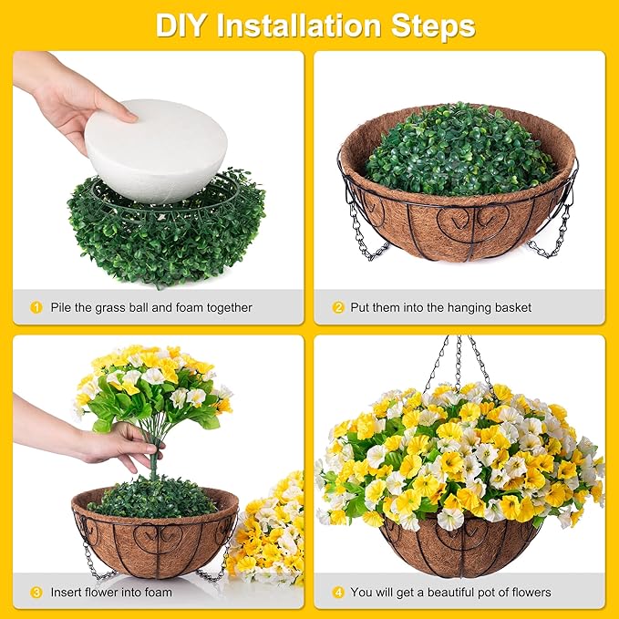 Artificial Hanging Flowers with Basket, Faux Silk Petunias Flower Arrangement, Coconut Lining with Morning Glories Fake Plants Patio Garden Porch Deck Spring Summer Decor(Yellow and White)