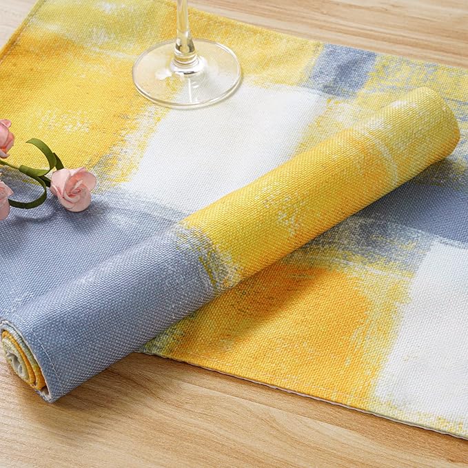 Yellow and Grey Abstract Art Placemats, Modern Art Placemats, Set of 4 Heat Resistant Non-Slip Artwork Dining Placemats, Washable Place Mats for Home Kitchen (Yellow and Grey, 18"X12")