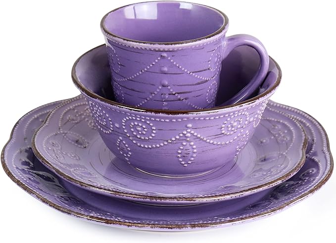 Elama Rustic Birch 16 Piece Stoneware Dinnerware Set in Purple, (EL-RUSTICBIRCH)