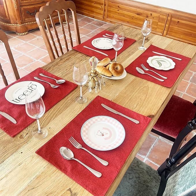 Weabetfu Cloth Placemats Set of 6 Heat Resistant Dining Table Placemmats Cotton Linen Machine Washable Kitchen Table Mats Wrinkle Free Thick Fabric Place Mat,Easy to Clean,13"x19",Burgundy