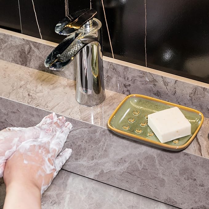 Soap Dish for Shower, Ceramic Soap Dish Non-Slip Soap Holder Bar Saver Tray for Bathroom Kitchen Sink, Floating Point Design Save Soap Loss