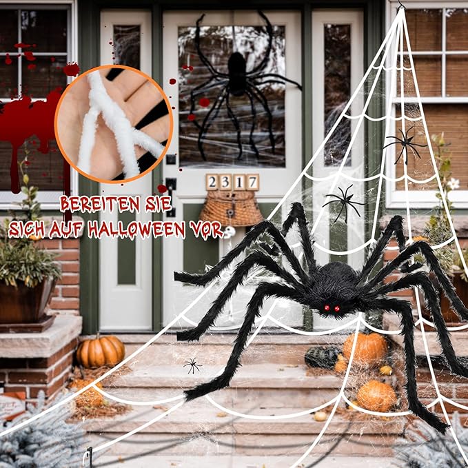 BOSONER Halloween Decorations Outdoor Spider Webs: 1Pcs Giant Spiders - 200'' Triangular Web with Hook - Stretch Web and Ground Stakes for Large Halloween Decor and Haunted House Decoration
