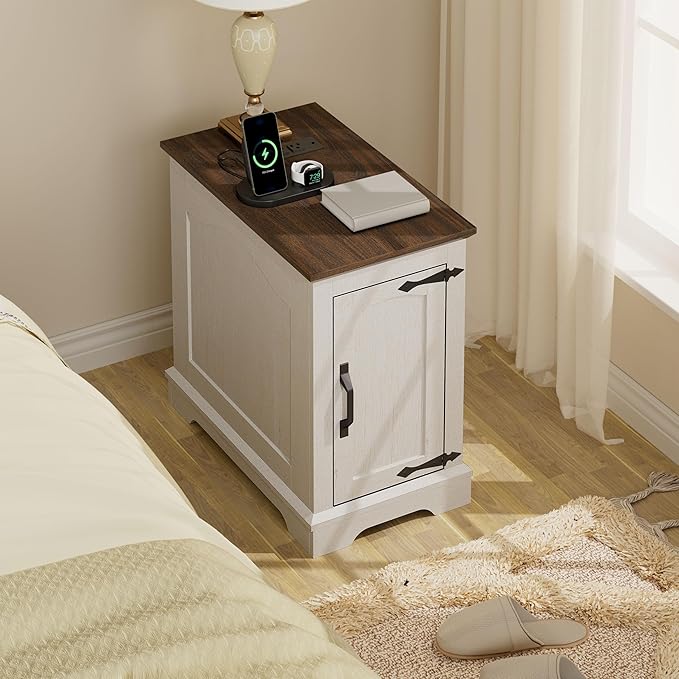 Narrow End Table with Storage, Farmhouse Side Table with Power Outlets & USB Ports, Small Night Stand for Living Room, for Bedroom, Living Room (Wood Door, White & Espresso)