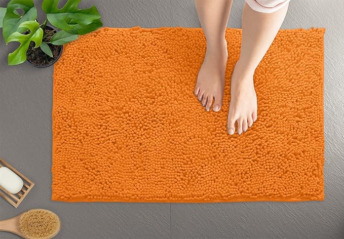 Orange Bathroom Rugs Chenille 2-Piece Bath Mat Set, Soft Plush Bath Rug +Toilet Mat.1'' Microfiber Shaggy Carpet, Super Absorbent Machine Washable - Square Curved Set (20”x 30” + 20”x20” U, Orange)
