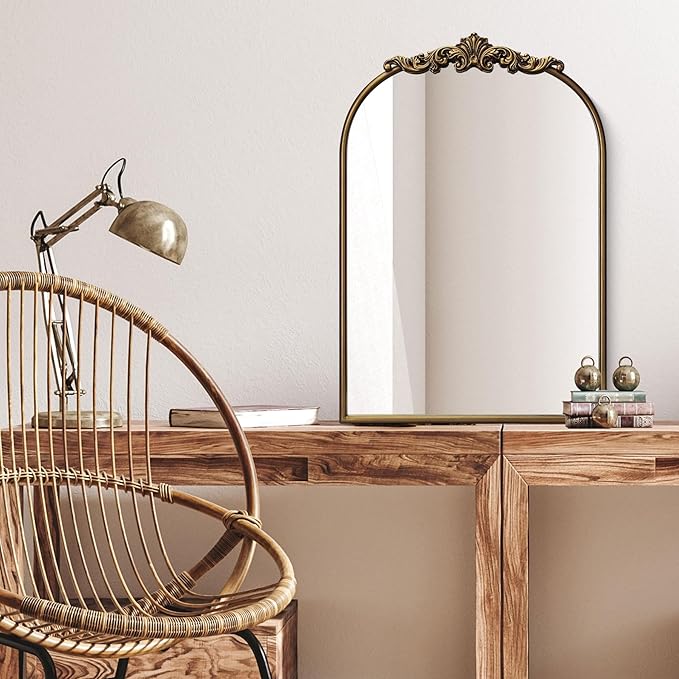 Ornate Baroque Vintage Gold Mirror - 19"X27" Arched Antique Brass Mirror with Full Metal Frame - Perfect for Entryway, Fireplace, Living Room, Hallway, or Bathroom Décor