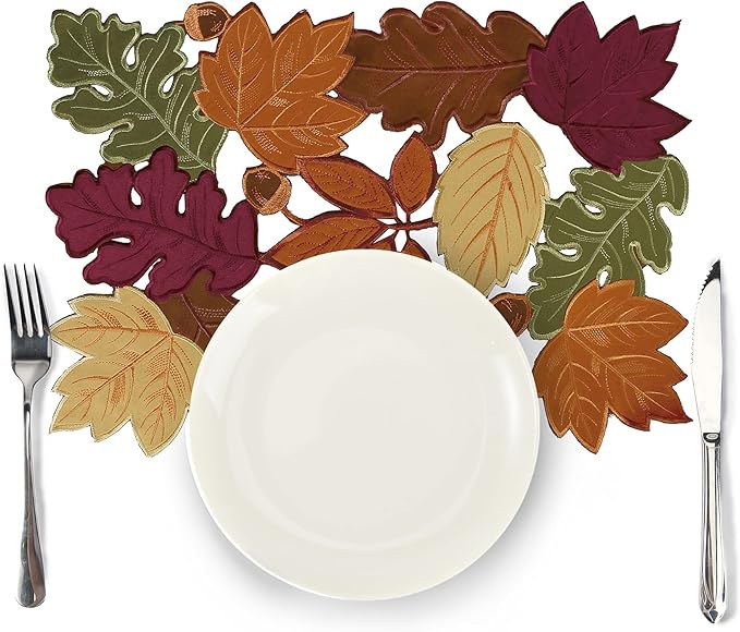 OWENIE 4 PCS Thanksgiving Placemats for Dining Table, 13 x 19 Inch Set of 4 Embroidered Maple Leaves Table mats for Fall, Harvest Applique Leaf for Autumn Decorations