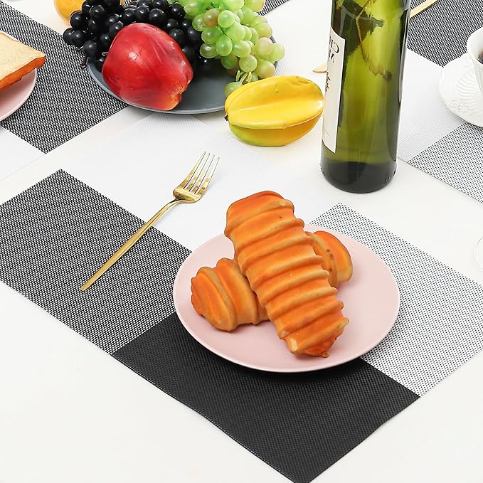Leetaltree Gray with White Grid Pattern Placemats Set of 8 - Heat Resistant Non-Slip Place mats for Dining Table, Washable Durable PVC Vinyl Woven Table Mats(Grey Grid, 8)