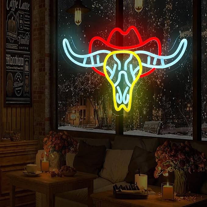 Bull Skull Neon Sign for Wall Decor,Dimmable LED Neon Light Cowboy Bull Sign for Bedroom Living Room Pub Bar Party Gaming Room Neon Bar Sign