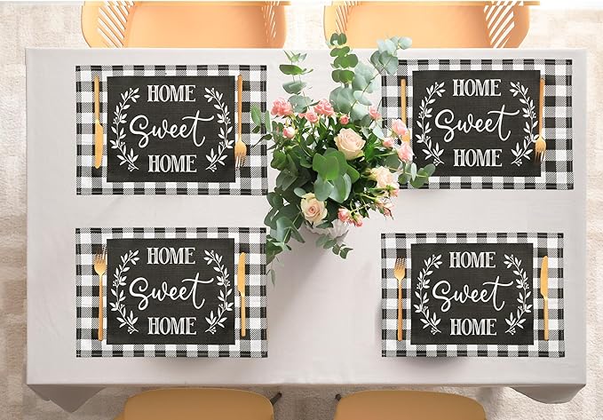 Buffalo Plaid Placemats Set of 8, Black White Farmhouse Placemats - Linen Washable Heat Resistant Waterproof Place Mats for Ktichen Dining Table 18 X 12 Inch, Plaid