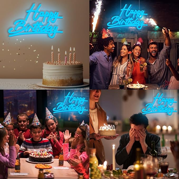 Blue Happy Birthday Neon Sign Battery Operated, Usb Powered Neon Signs for Wall Decor, Adjustable Brightness Happy Birthday Signs(15 x 9.6 inches)