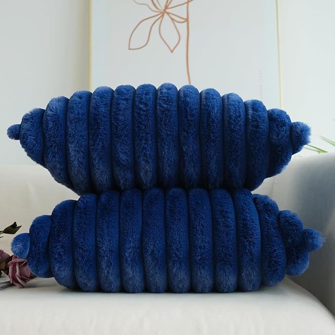 JOJUSIS Pack of 2 Faux Fur Plush Decorative Throw Pillow Covers Couch Cushion Case Soft Pillowcases (Navy Blue, 22 x 22-Inch)
