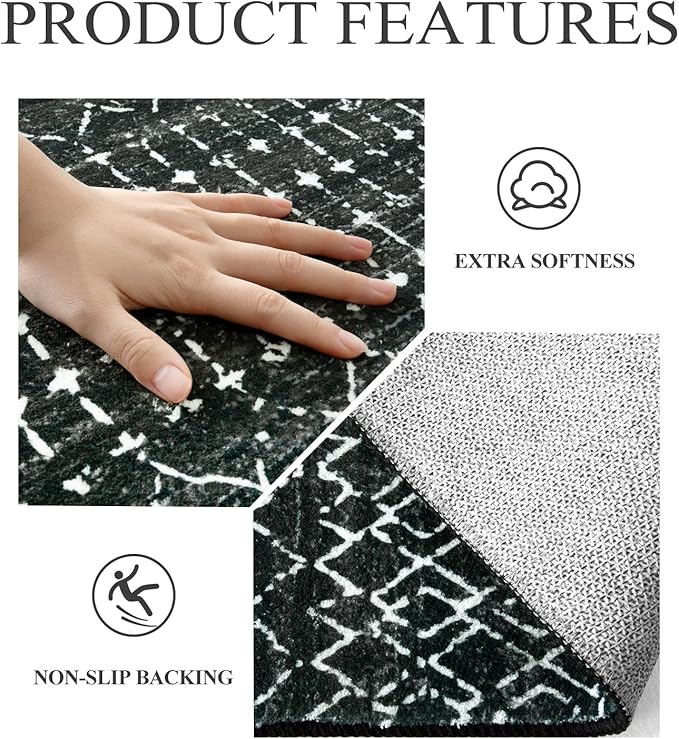 Lahome Moroccan Black Rug - 2x8 Washable Non-Skid Kitchen Floor Runner, Low-Profile, Non Slip, Geometric Print Distressed Entryway Runner for Hallways, Laundry Room, Foyer