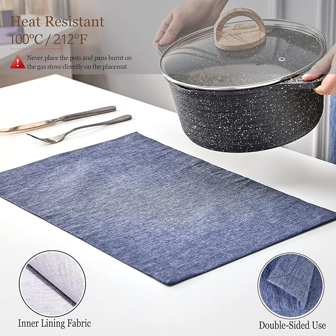 Mebakuk Cloth Placemats, Machine Washable Linen Style Thick Place Mats, Heat Resistant and Easy to Clean Fabric Table Mats for Kitchen Dining Table (Denim Blue, Set of 6)
