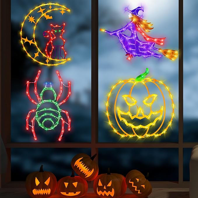 Halloween Decorations - 16" Halloween Window Silhouette Lights - 4 Pack Colour Lighted Cat on Moon & Witch & Pumpkin & Spider Web for Holiday Indoor and Outdoor Wall Door Window Decorate