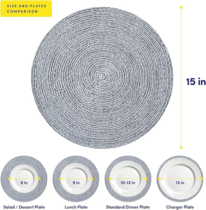 Round Placemats Set of 6-100% Cotton Two-Tone Placemat for Dining Table - Woven Braided Table Setting Place Mat - Washable Table Decor for Kitchen, Farmhouse, Rustic, Everyday Use, Navy