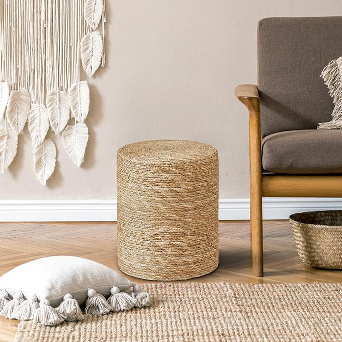 Cplxroc Pouf Ottoman, 100% Handwoven Seagrass Braided Pouffe, Boho Decor Floor Chair for Couch or Desk, Outdoor Ottomans for Garden, Round Footrest with Wood Frame, Home Decorative Seat for Balcony