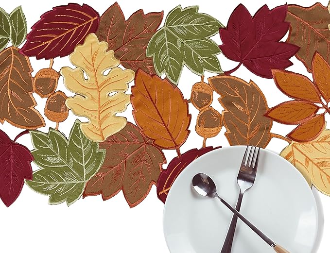OWENIE Fall Table Runner - Thanksgiving, Farmhouse Embroidered Maple Leaves, 13 x 54 Inch, Orange