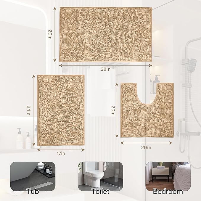 Bathroom Rugs Sets 3 Piece Washable, Luxury ,Chenille Bath Mat Set, Soft Plush Anti-Slip Rectangular Bath, Rug Super Absorbent.3 Pieces Bathroom (Camel, 32"x20"+24"x16"+U Shape 20"x20")