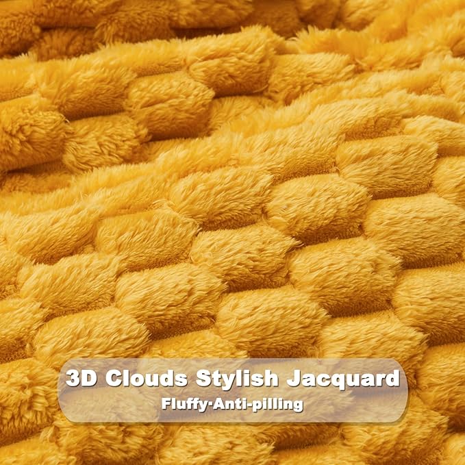 NEWCOSPLAY Super Soft Twin Blanket Mustard Yellow Premium Silky Flannel Fleece 3D Clouds Stylish Jacquard Lightweight Bed Blanket All Season Use 350GSM (Mustard Yellow, Twin(60"x80"))
