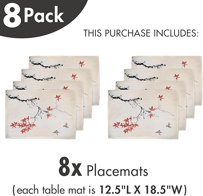 Ambesonne Japanese Place Mats Set of 8, Cherry Blossom Sakura Tree Branches Romantic Spring Themed Watercolor Picture, Washable Fabric Placemats for Dining Table, Placemat 8 pcs, Coral Black