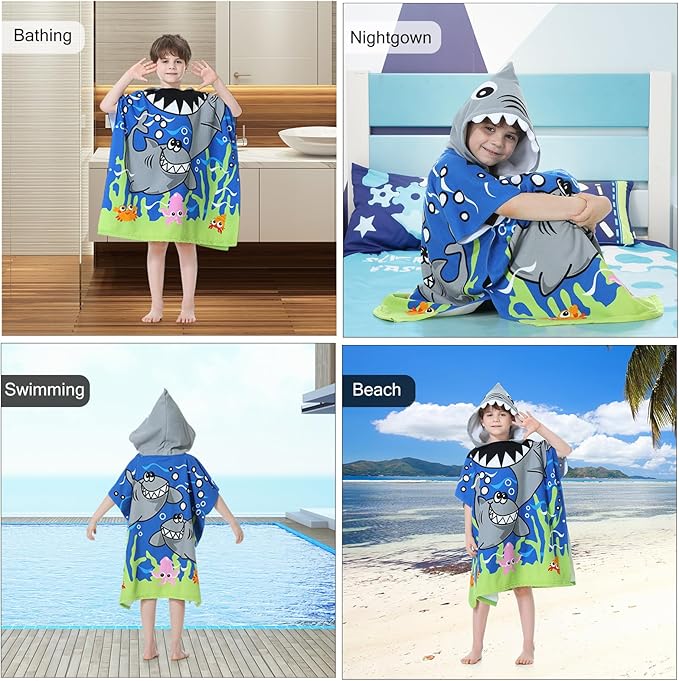 MOKANI Kids Hooded Poncho Towels, Soft & Absorbent Microfiber Beach Towel, Swimming Pool Changing Robe Bathrobe Bath Towel