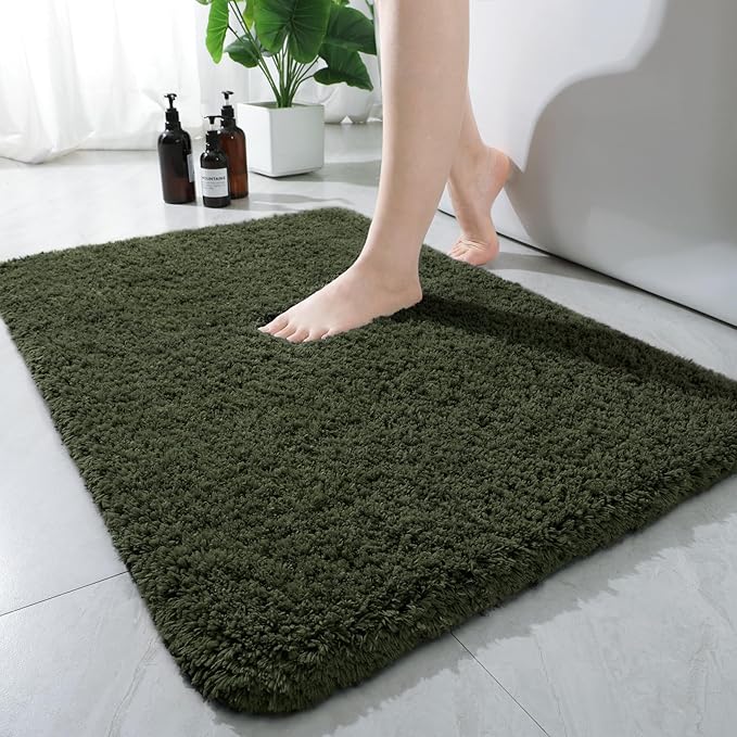 AROGAN Luxury Long Bathroom Runner Rug, 24x48 Inch Thick Soft and Absorbent Non Slip Bath Mat, Rubber Backing Quick Dry Rugs Carpets, Machine Washable Plush Mats for Shower Floor, Olive Green