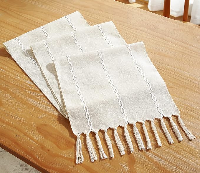 Rustic Farmhouse Style Linen Table Runner, Boho Handmade Fringe Braided Stripe Table Runners 60 Inches Long for Holiday Party, Wedding and Dining Decorations, 13 inchW X 60 inchL - Ivory
