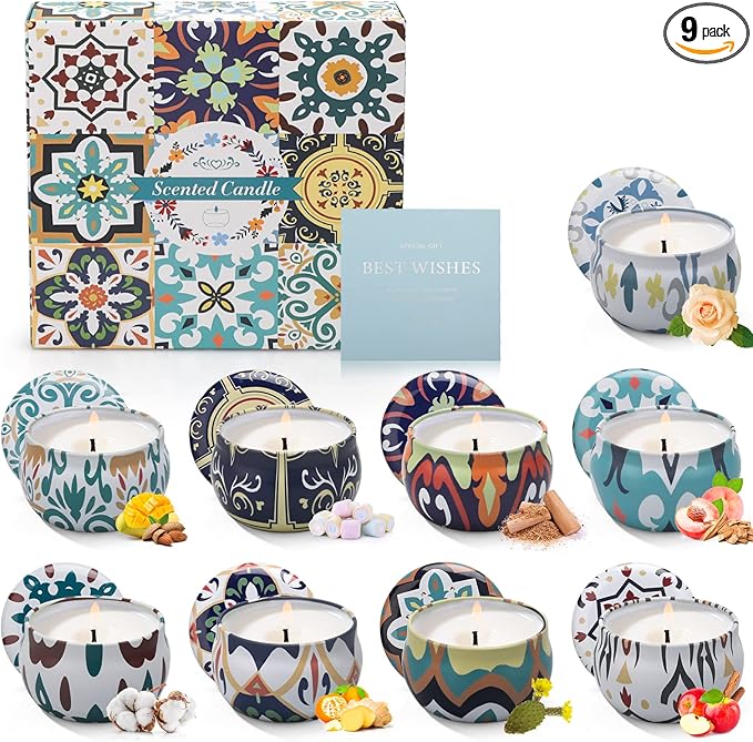 Candles 9 Pack Candle Sets, Scented Candles Gifts for Women, 2.5oz Portable Travel Tin Candles for Home Scented, Ideal Gifts for Valentines Day, Mother's Day, Birthday, Gifts Candles